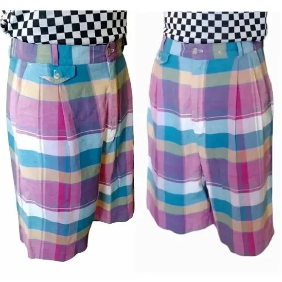 VTG 80s Colorful Plaid Ultra High Rise Cotton Mom Shorts Size 12 *fits like Med - Picture 14 of 15